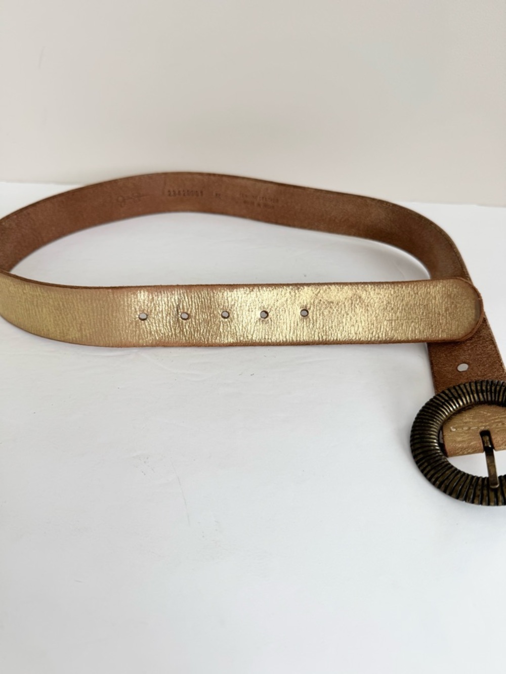 Y2K Jessica Simpson Gold Metallic Genuine Leather Belt Round Statement Buckle M - Picture 9 of 12